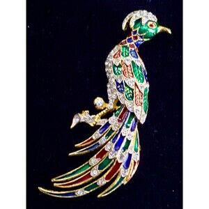 Peacock Bird Of Paradise Brooch Pin Colorful Enamel & Crystals Gold Tone LG 3"